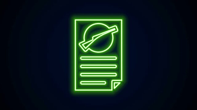 Glowing neon line Firearms license certificate icon isolated on black background. Weapon permit. 4K Video motion graphic animation.