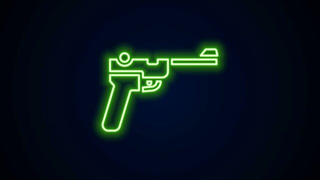 Glowing neon line Mauser gun icon isolated on black background. Mauser C96 is a semi-automatic pistol. 4K Video motion graphic animation.