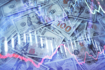 Double exposure of forex graph drawing over us dollars bill background. Concept of financial markets.