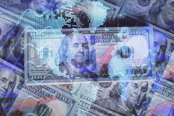 Multi exposure of forex chart drawing over us dollars bill background. Concept of financial success markets.