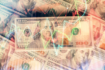 Multi exposure of forex chart drawing over us dollars bill background. Concept of financial success markets.