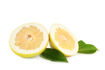 Fresh cut pomelo fruit and leaves isolated on white