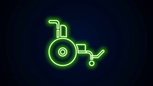 Glowing neon line Wheelchair for disabled person icon isolated on black background. 4K Video motion graphic animation.