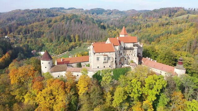 Medieval castle of Pernstein on a hill in the forest. South Moravian region. Czech Republic