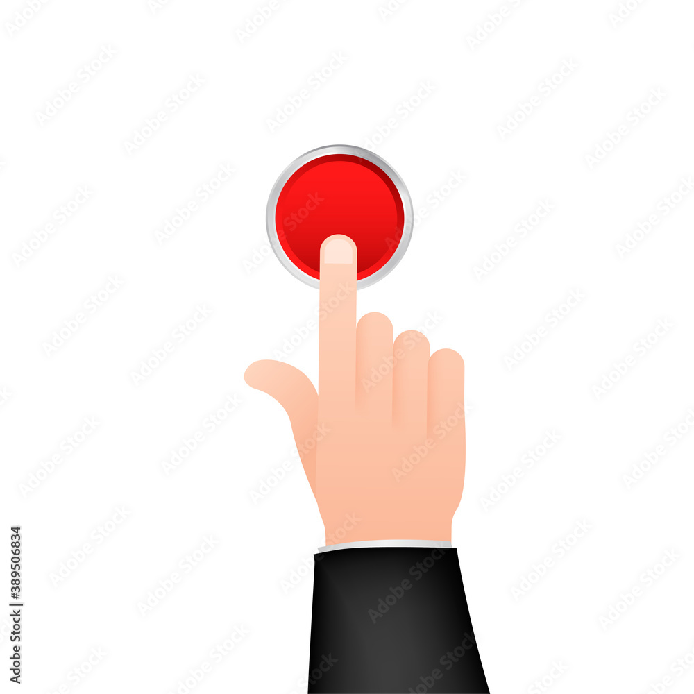 Poster flat button hand for web design. push touch screen. click button. vector stock illustration.