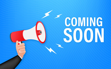 Megaphone label with coming soon. Megaphone banner. Web design. Vector stock illustration.