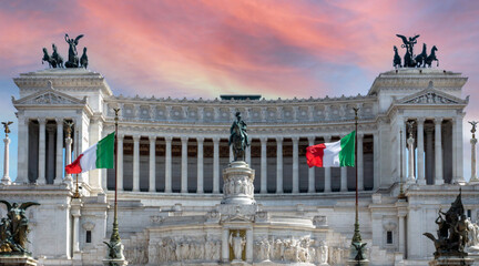 Viktor Emanuel II monument, Altare della Patria in Italy, Rome during sunset and pink clouds....