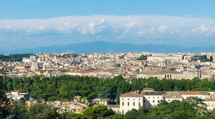 Fototapeta na wymiar Panorama over Rome city in Italy, from high angle viewpoint. Architecture and travelling concept.