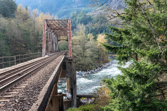 Train tressel crossing river in wilderness