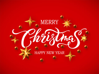 Merry Christmas and Happy New Year greeting card with golden star. Hand drawn lettering Merry Christmas. Vector illustration