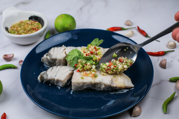 Seafood spicy dip eat with delicious Boiled fish . Thai traditional local food.