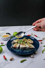 Seafood spicy dip eat with delicious Boiled fish . Thai traditional local food.