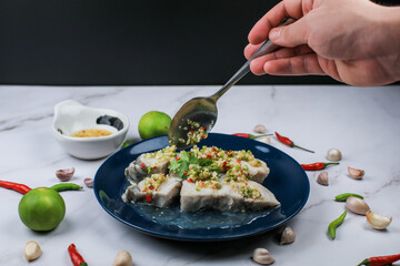 Seafood spicy dip eat with delicious Boiled fish . Thai traditional local food.