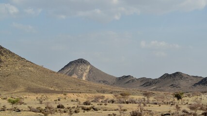 Fototapeta na wymiar Landscape with mountains in the desert, Saudi Arabia, KSA, between Jeddah and Medina