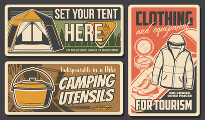 Camping and hiking travel tourism sport and outdoor adventure, vector posters. Mountain camp and nature trekking club expedition, camping utensils, equipment and tourist clothing shop - obrazy, fototapety, plakaty