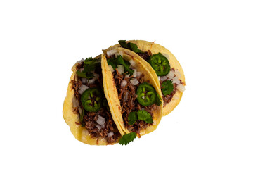 Taco with meat, jalapeños and onion