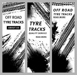Tire prints, car tyre tracks with grunge stained vector marks and spots. Auto service or bike race, vehicle, transportation. Dirty wheels trace monochrome pattern, graphic textured design banners set © Vector Tradition
