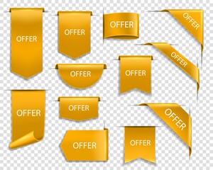 Golden ribbons and banners, gold labels for price promotion offer, vector icons. Golden yellow product, sale tags and discount sticker badges, online web shop corners and flags, retail buy deals