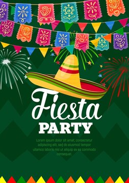 Fiesta party vector poster, mexican symbols sombrero and colorful flag garlands with fireworks on green background with traditional zigzag pattern. Cinco de Mayo fiesta party celebration cartoon card