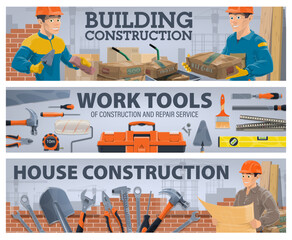 Construction industry workman and work tools banners. Bricklayer with trowel, builder carrying cement and house construction architect or foreman looking on blueprint. Builders hand tools vector set