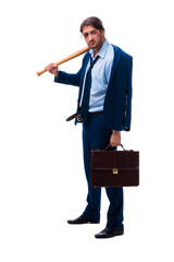 Young male employee holding baseball bat isolated on white