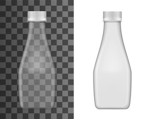 Glass milk bottle vector mockup, realistic closed empty flask with lid isolated on transparent background. Template for product advertising, branding, dairy production or water blank 3d bottle design