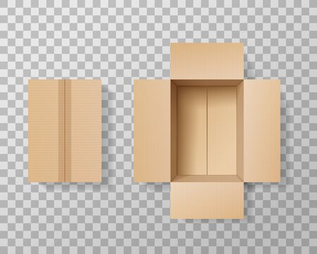 Empty cardboard box realistic vector mockup on transparent background. Open and closed brown carton delivery box, top view of package for shipping or storage, parcel or gift packing 3d mock up