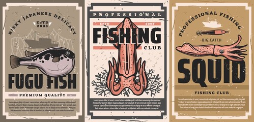 Seafood delicacy and squid fishing posters. Fugu fish and fresh squid, corals and boat, squid bait and fishnet vector. Japanese seafood restaurant, professional fishing club retro banners