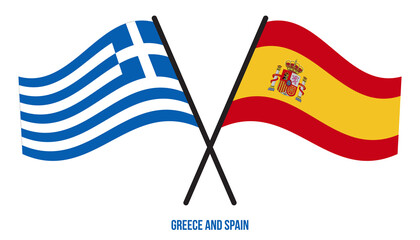 Greece and Spain Flags Crossed And Waving Flat Style. Official Proportion. Correct Colors.