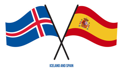 Iceland and Spain Flags Crossed And Waving Flat Style. Official Proportion. Correct Colors.