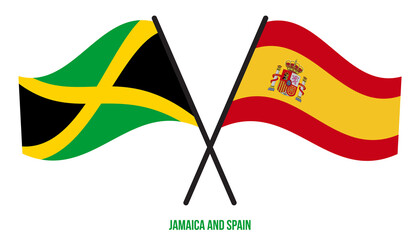 Jamaica and Spain Flags Crossed And Waving Flat Style. Official Proportion. Correct Colors.