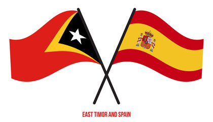 East Timor and Spain Flags Crossed And Waving Flat Style. Official Proportion. Correct Colors.