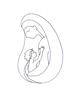 recommend clip art: Christmas, mother and child, , graphic concept black and white drawing on white background