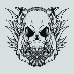 tattoo and t-shirt design black and white hand drawn skull engraving ornament premium vector
