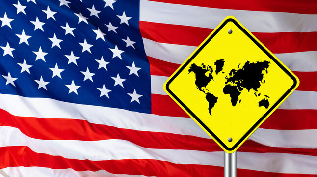 Geopolitics USA. Silhouettes of continents are depicted on road sign. USA flag in background. Concept - Impact of United States on other countries. US on International arena. US Geopolitical Strategy