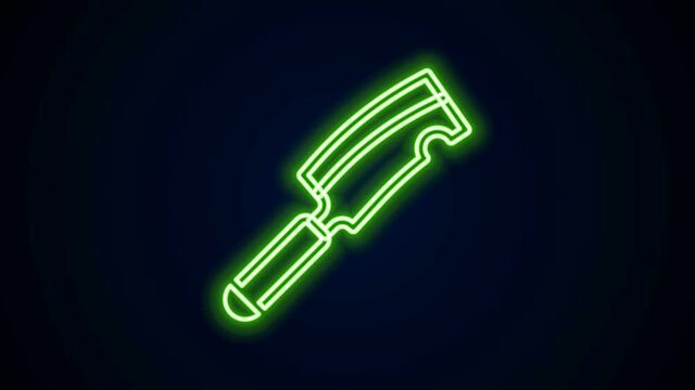 Glowing neon line Meat chopper icon isolated on black background. Butcher knife. Kitchen knife for meat. Butcher knife. 4K Video motion graphic animation.