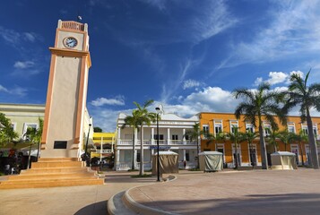Plaza Del Sol Town Square and Tower Clock in Downtown San Miguel near Cruise Ship Port in Cozumel Mexico, Yucatan Peninsula