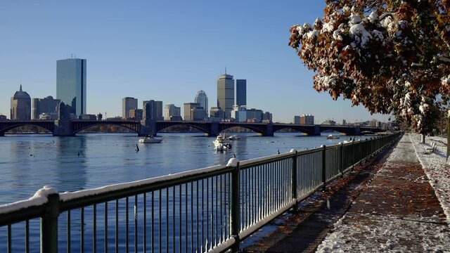 Autumn snow on Charles River with Boston skyline 3