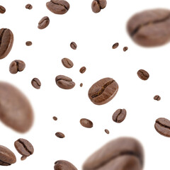 Flying whirl roasted coffee beans in the air studio shot isolated on white background, Healthy products by organic natural ingredients concept