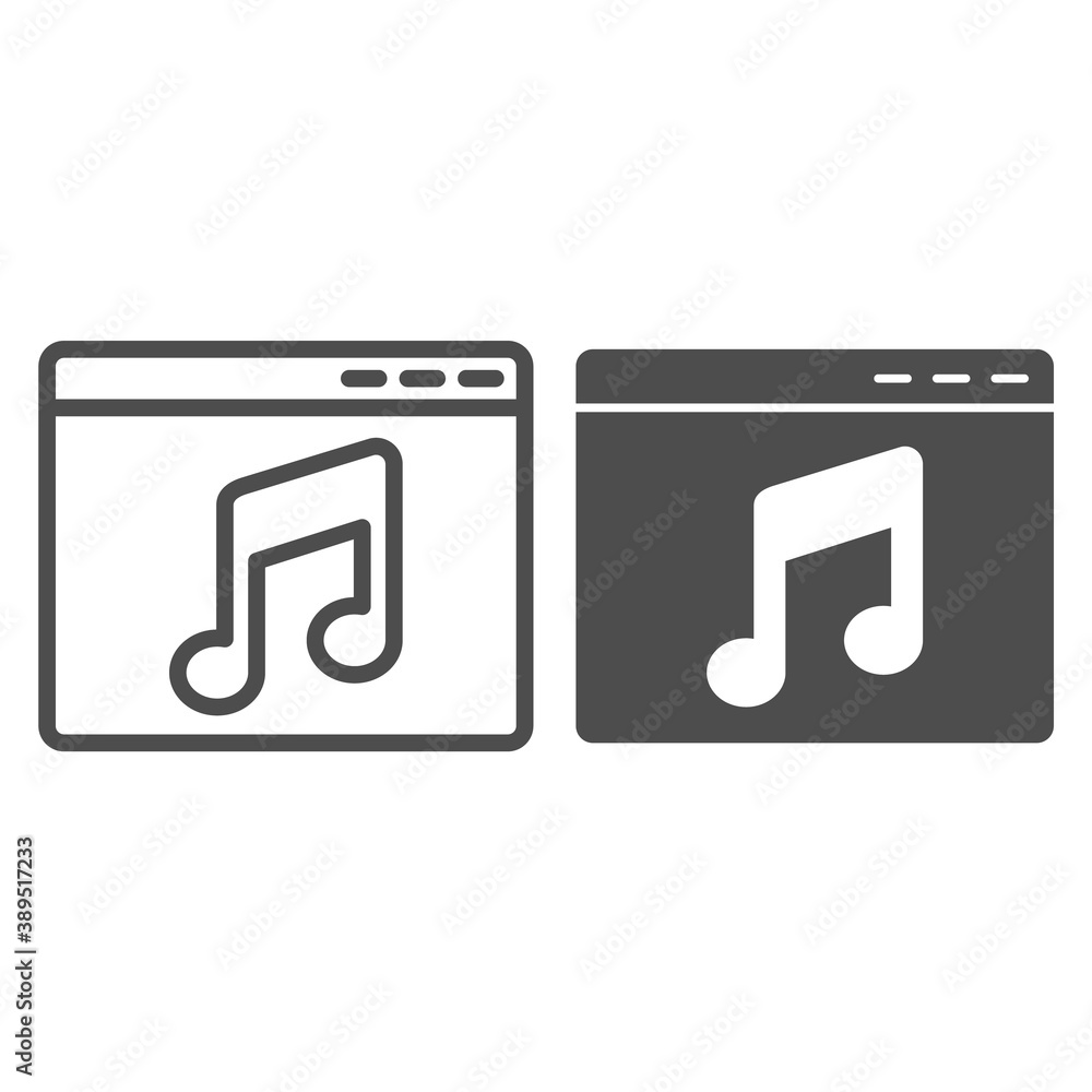 Poster web page with musical note line and solid icon, sound design concept, musical website sign on white 