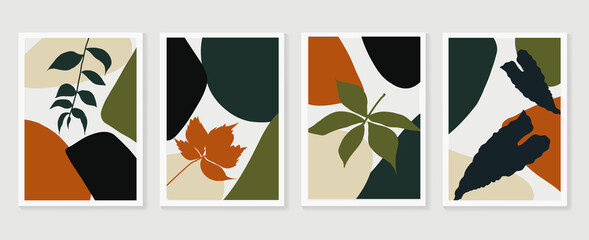 Botanical wall art vector set. Earth tone boho foliage line art drawing with  abstract shape.  Abstract Plant Art design for print, cover, wallpaper, Minimal and  natural wall art. © TWINS DESIGN STUDIO