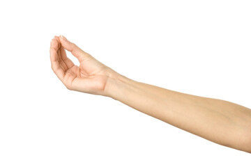 Giving, reaching or holding hand. Woman hand gesturing isolated on white