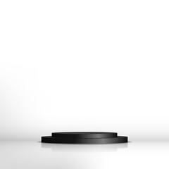 Black circle base stands on white background. Stage pedestal empty for product, award, advertising, winner, display. Podium floor for your graphic. Studio show of modern interior. Vector illustration.