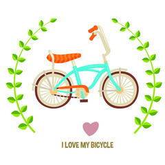 Bicycle, cartoon flat style, bike, velocipede isolated vector illustration. Design for stickers, logo, web and mobile app.