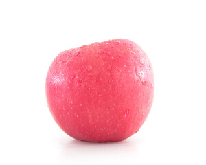 A red apple with water drops on white background