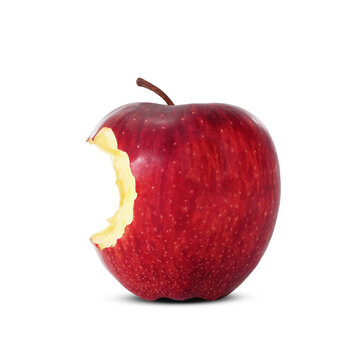 Red apple with missing a bite isolated on white background