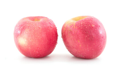 Two red apples with water drops on white background