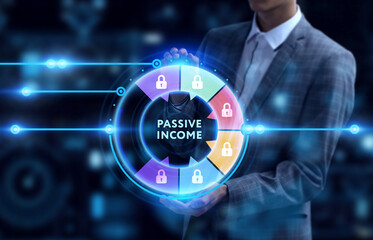 Business, Technology, Internet and network concept. Young businessman working on a virtual screen of the future and sees the inscription: Passive income