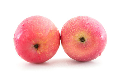 Two red apples with water drops on white background