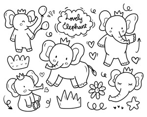 Cute baby elephant cartoon doodle drawing illustration set